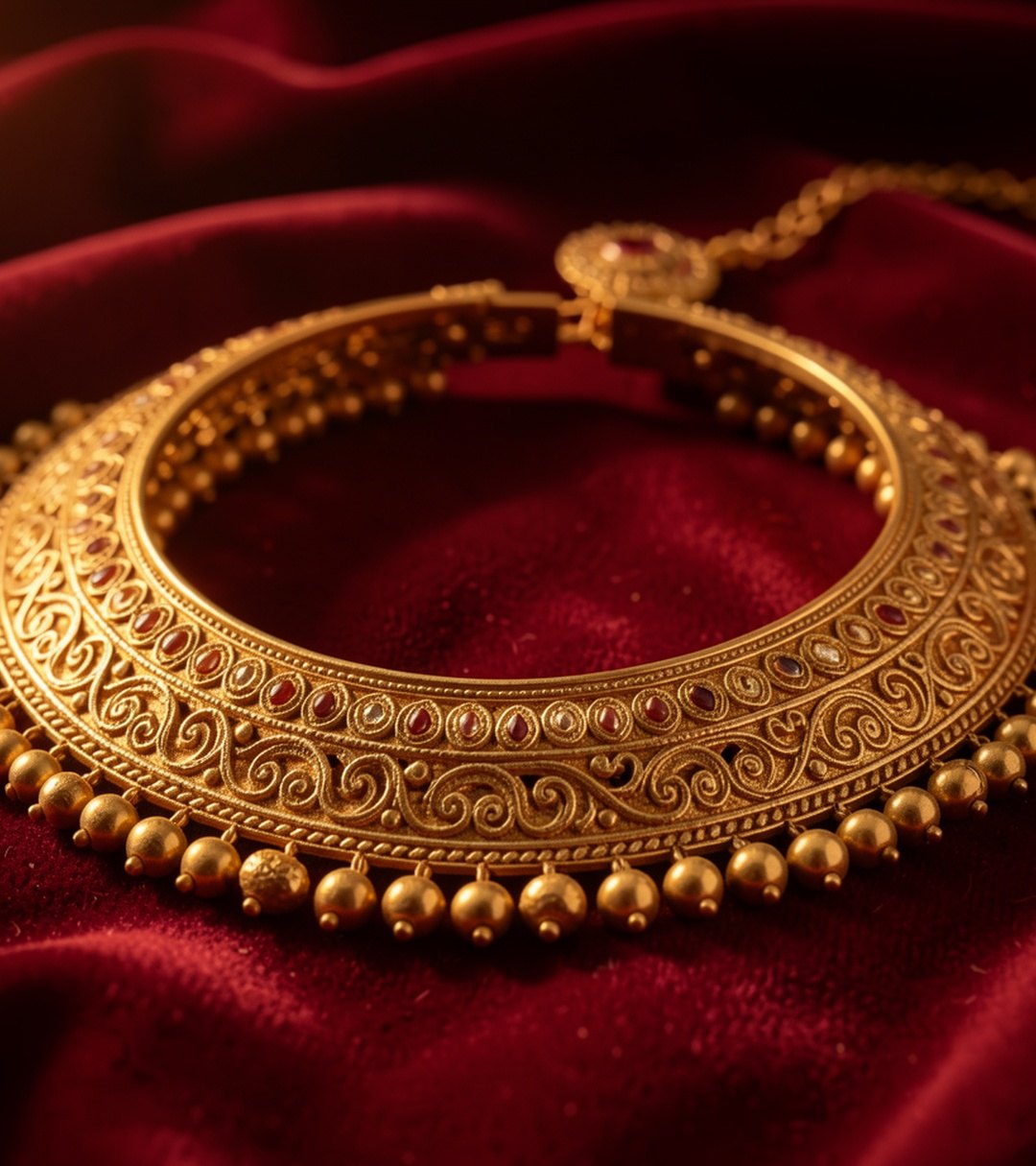 An ornate gold bridal choker on deep red velvet